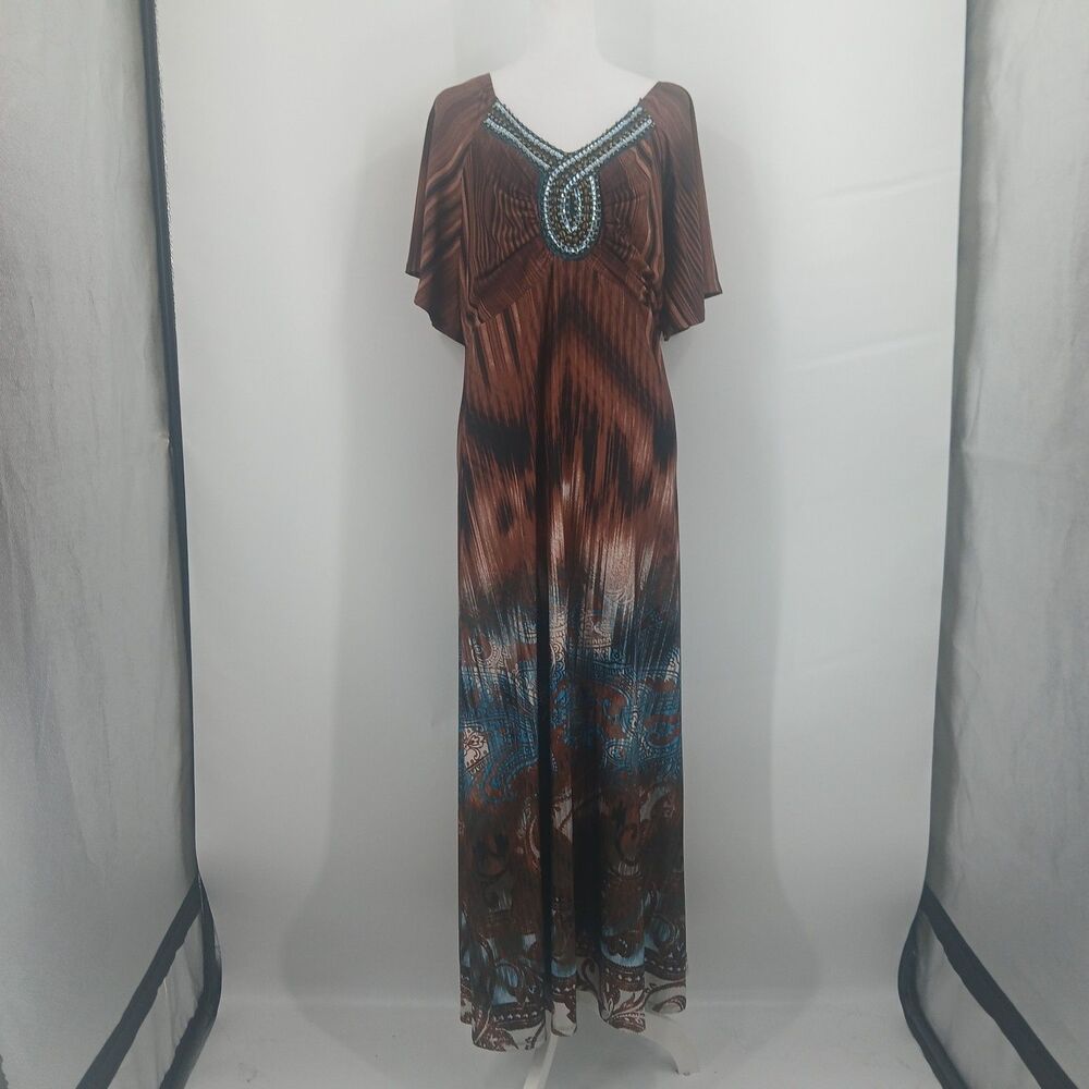 womans midnight velvet size large maxi dress beaded neckline brown and blue